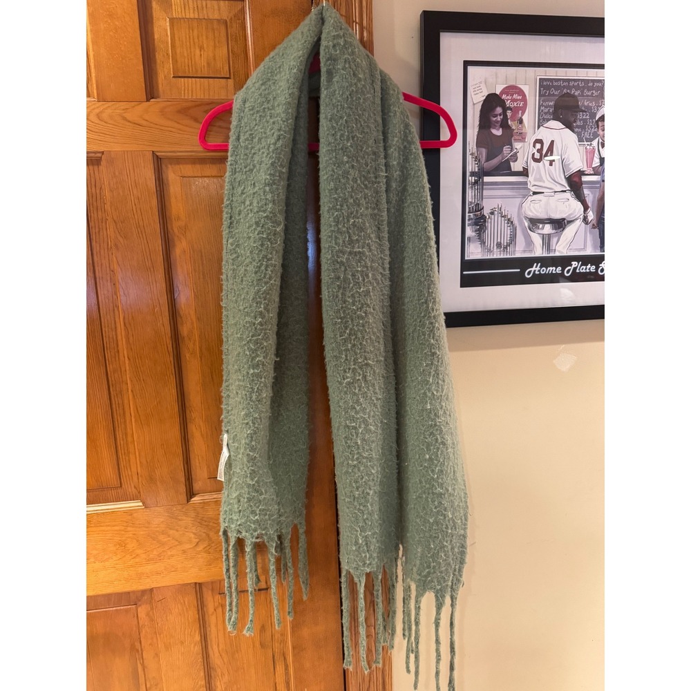 Anthropologie Sage Green Oversized‎ Brushed Tassel Fringe Scarf Boucle Soft Cozy